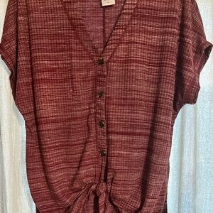 Top, burgundy, button front , front tie